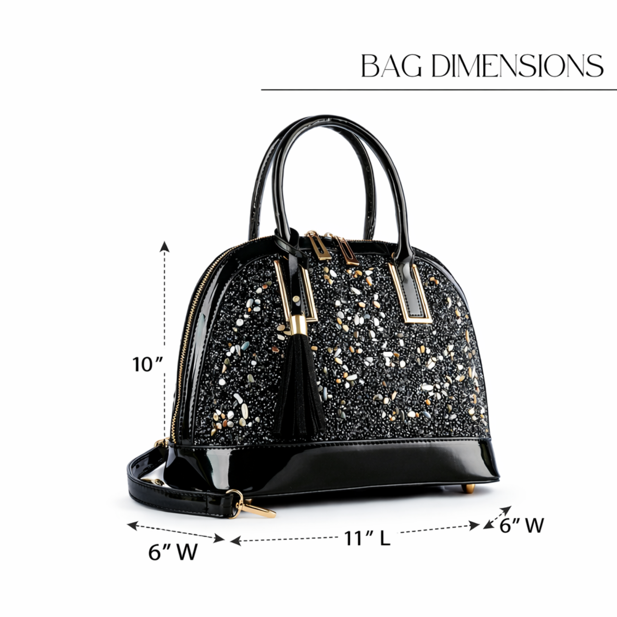 Black Patent Leather Satchel, Studded Rhinestone Purse, Structured Top Handle Bag