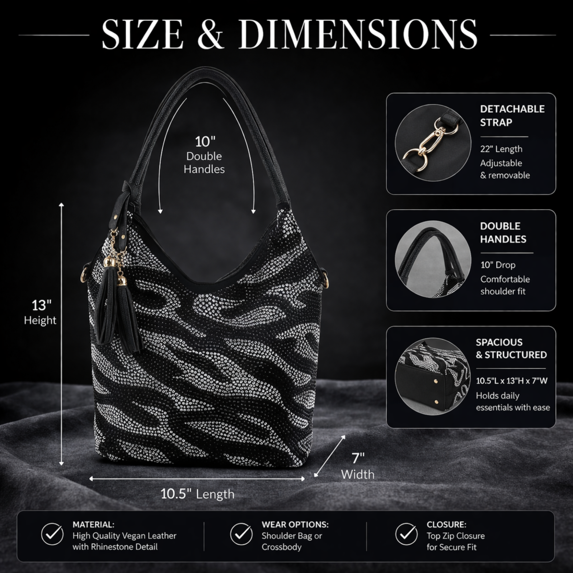 Zebra Rhinestone Pattern Shoulder Bag - Black