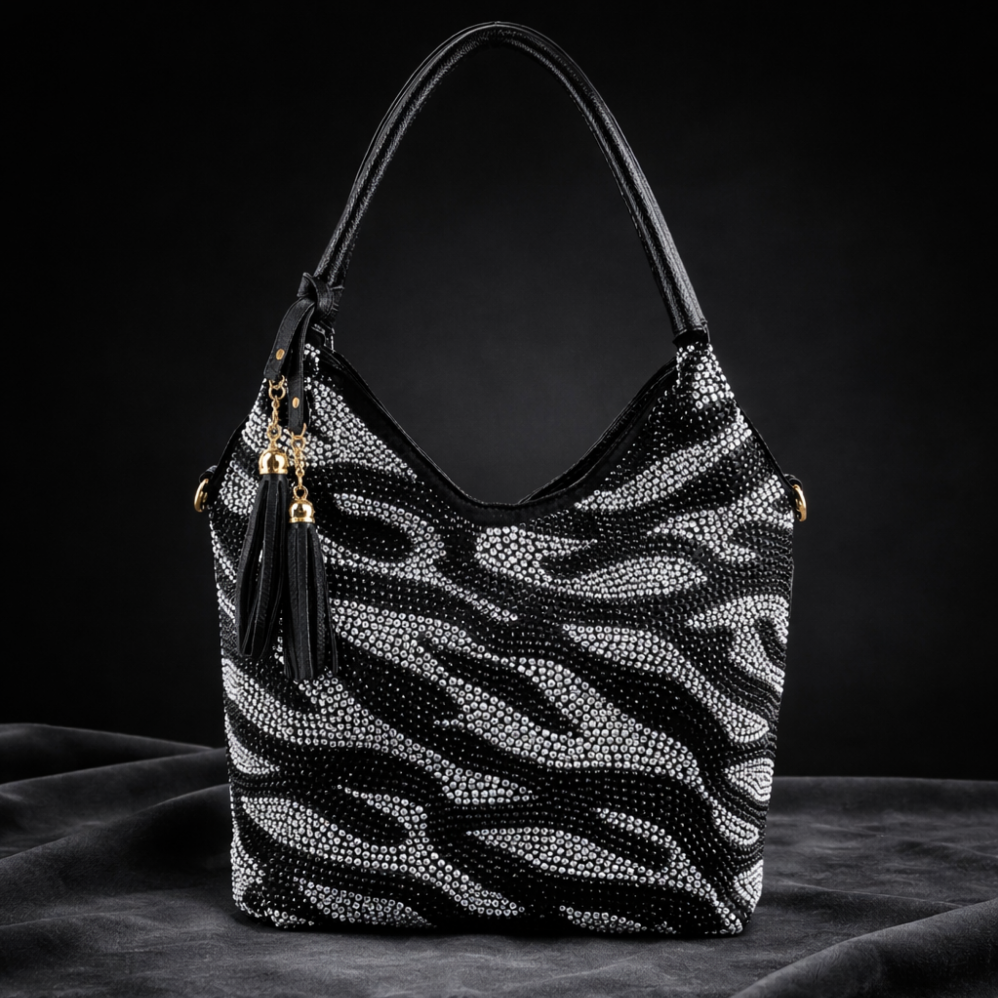 Zebra Rhinestone Pattern Shoulder Bag - Black