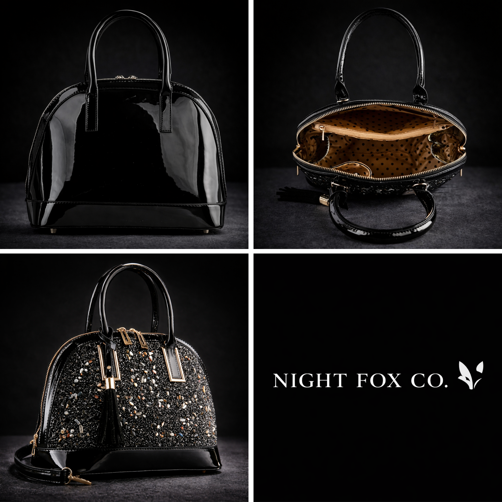 Black Patent Leather Satchel, Studded Rhinestone Purse, Structured Top Handle Bag