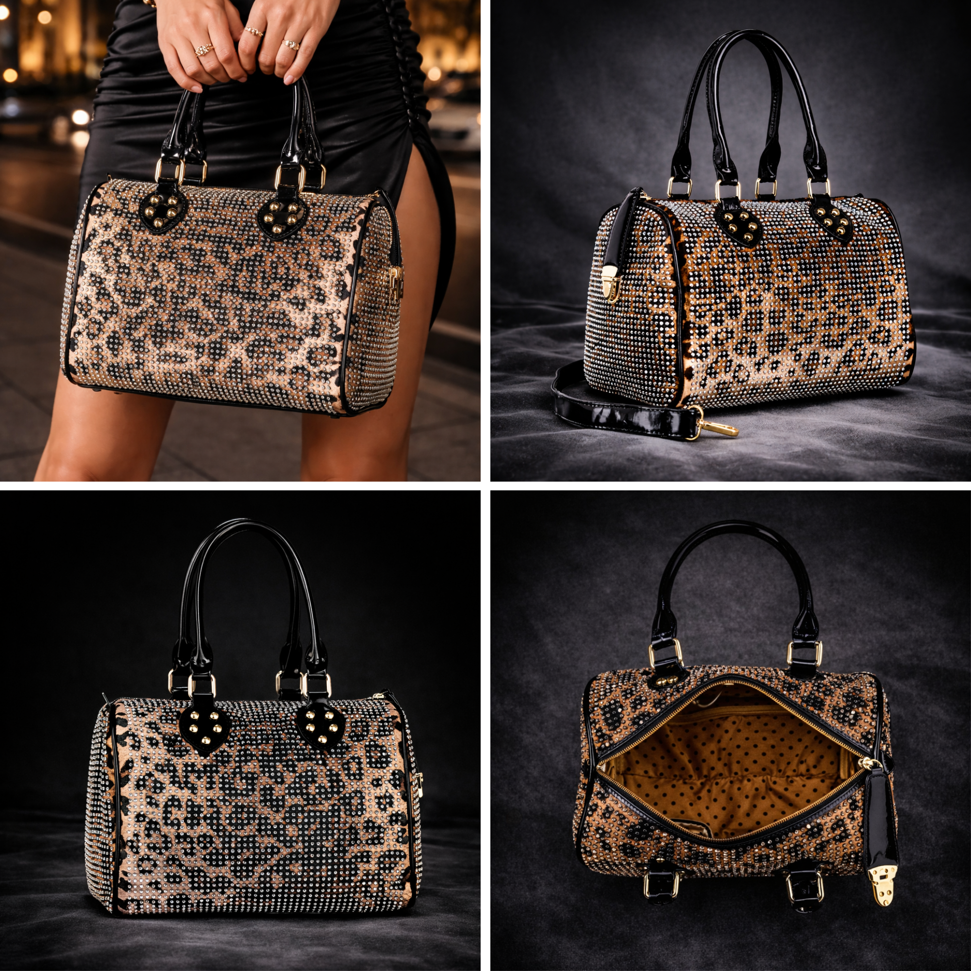 Rhinestone Leopard Print Satchel, Sparkly Statement Shoulder Bag, Glam Party Purse