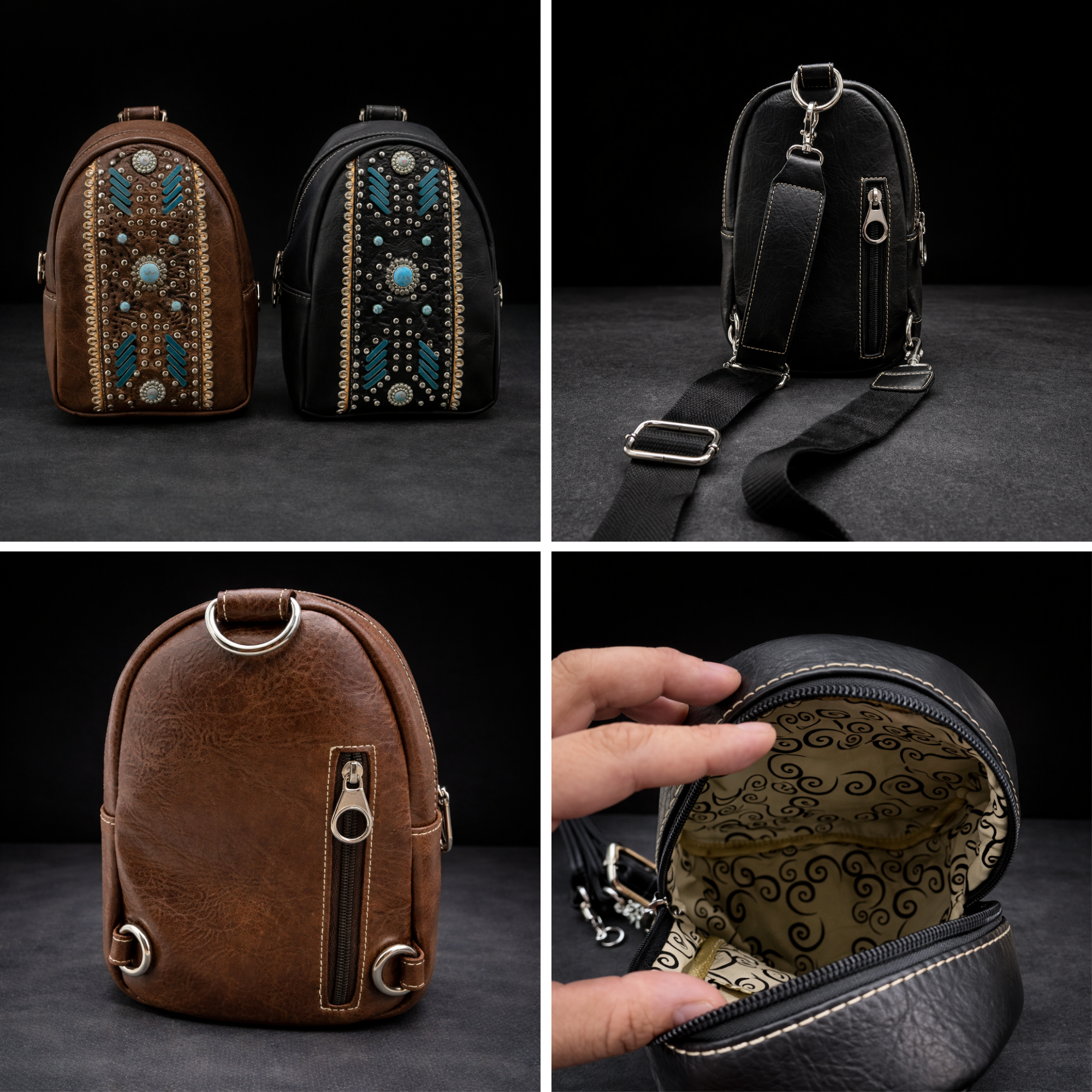 Leather Western Sling Bag: Turquoise Studded Crossbody Purse for Everyday Wear