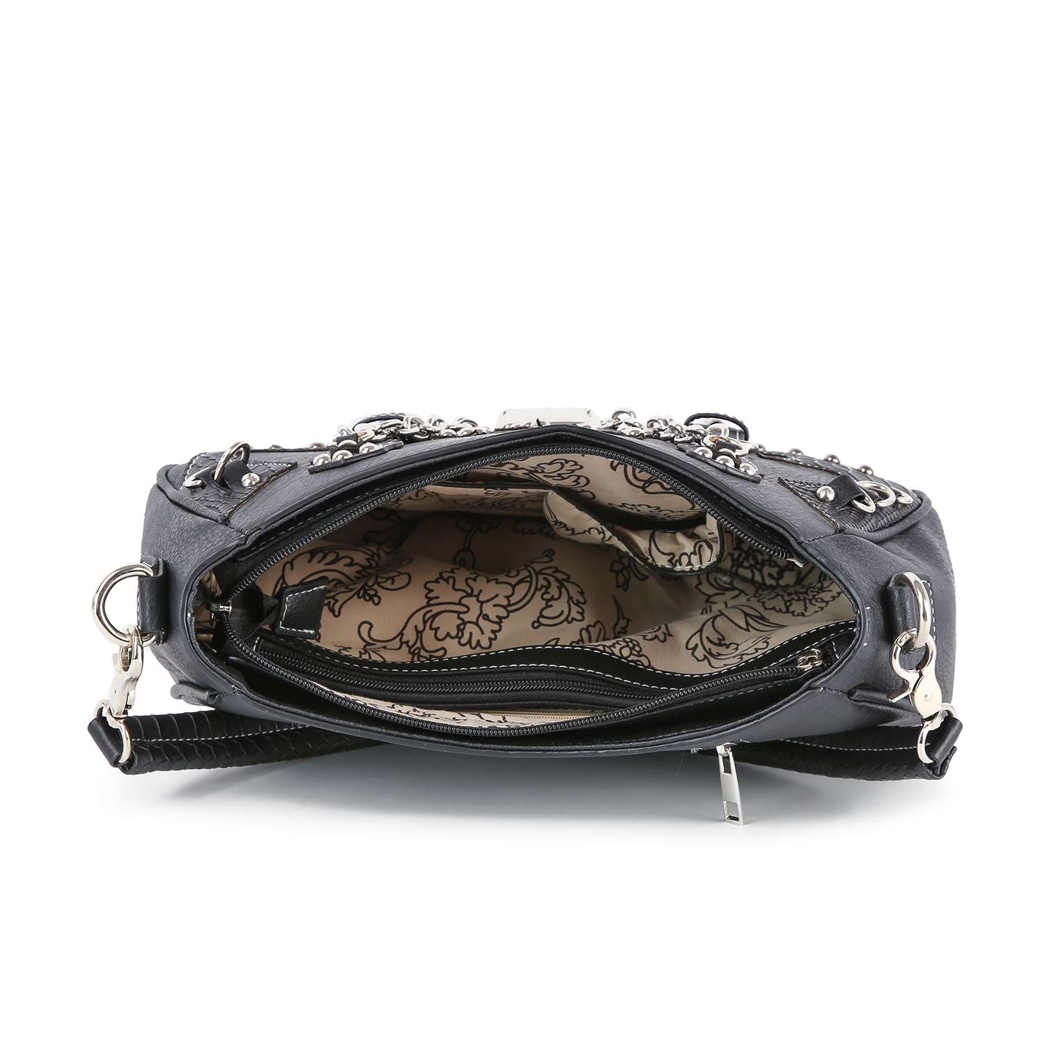 Stud and Chain Accented Skull Hobo Handbag