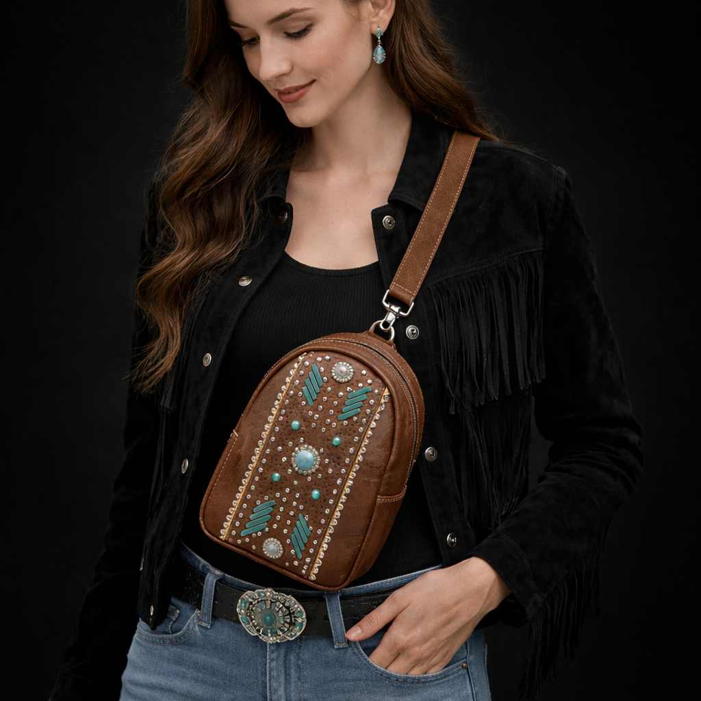 Leather Western Sling Bag: Turquoise Studded Crossbody Purse for Everyday Wear