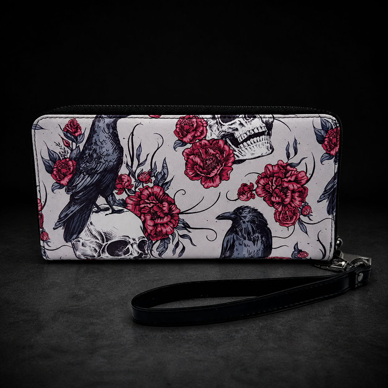 Gothic Raven Skull Wallet: Zip Around Wristlet Clutch with Rose Print