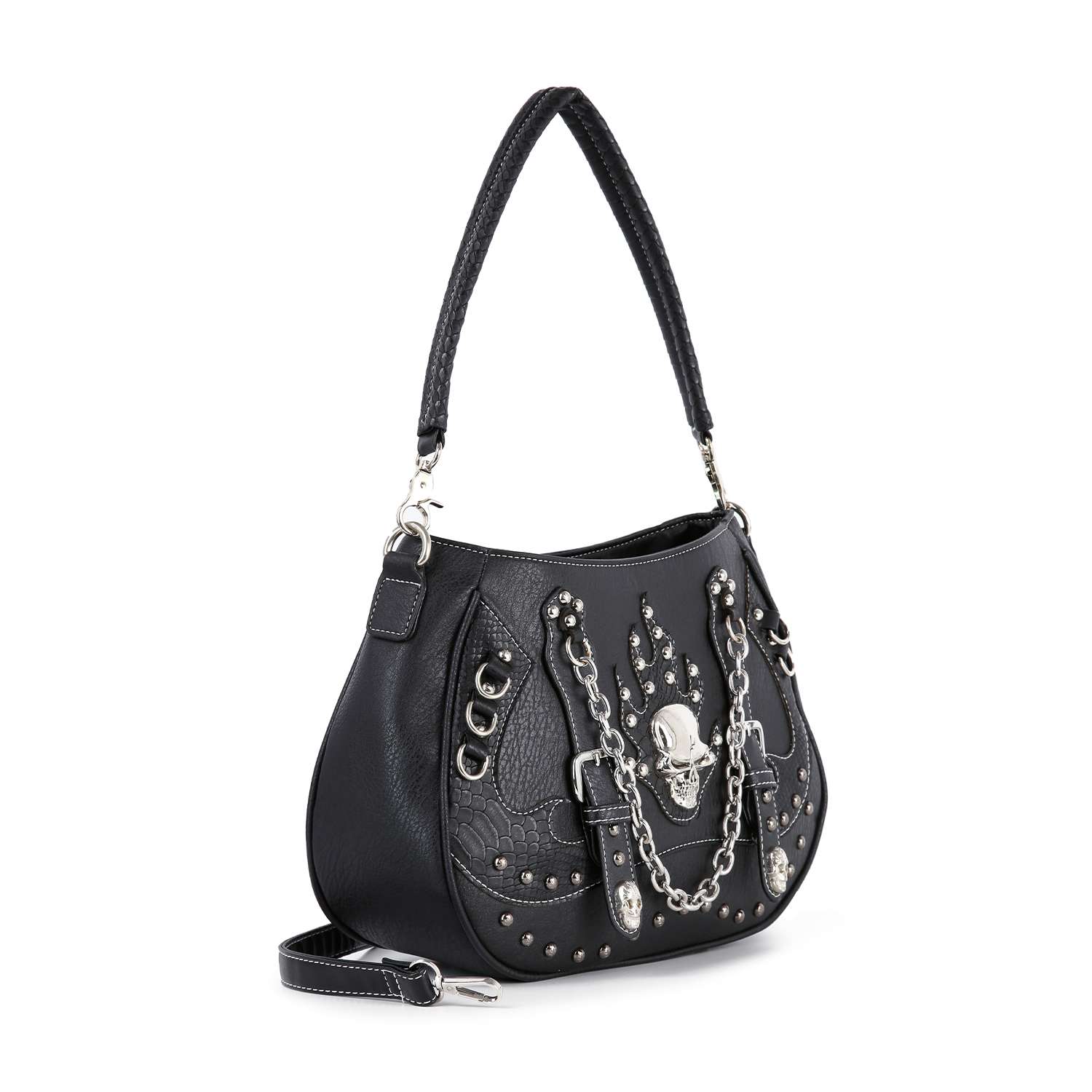 Stud and Chain Accented Skull Hobo Handbag