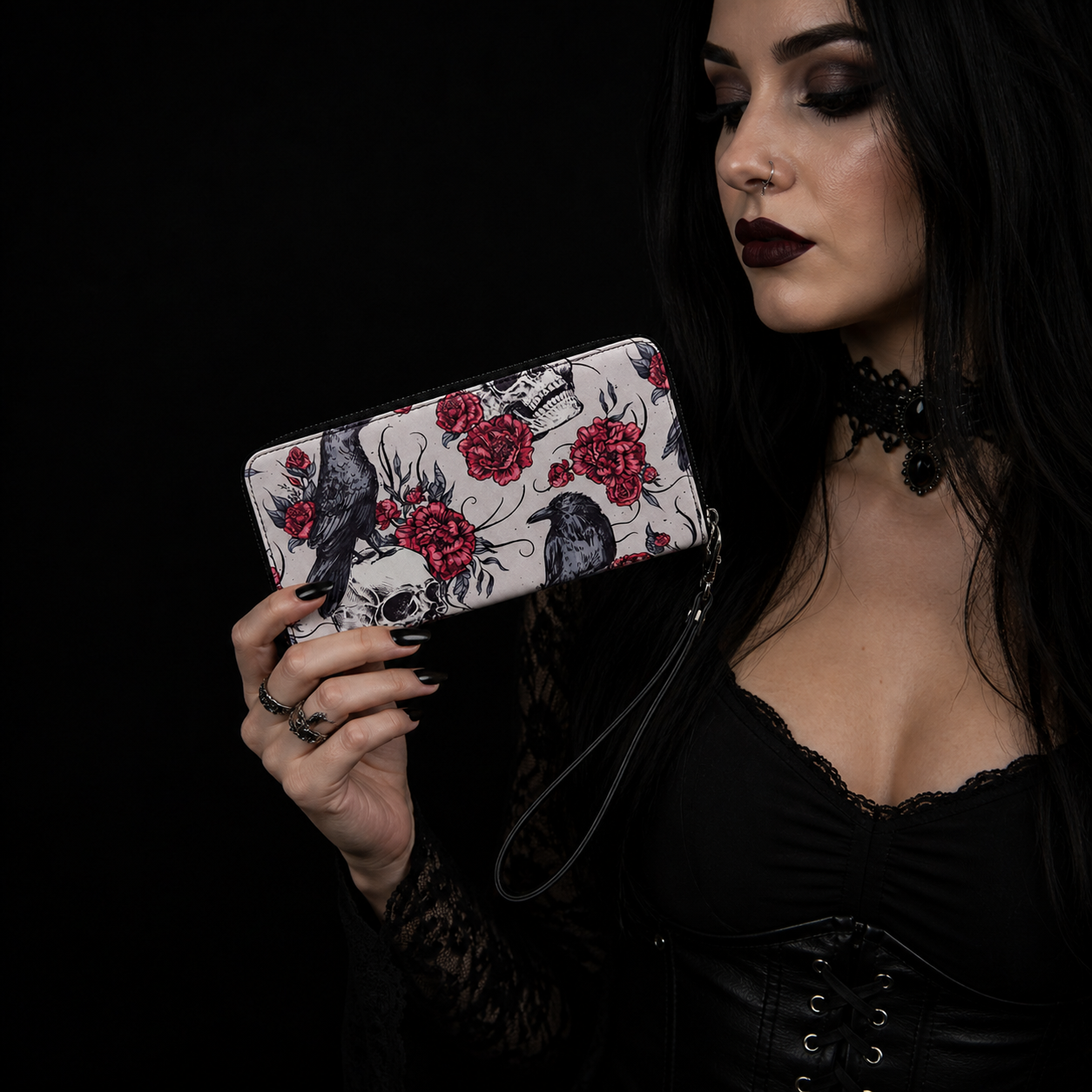 Gothic Raven Skull Wallet: Zip Around Wristlet Clutch with Rose Print