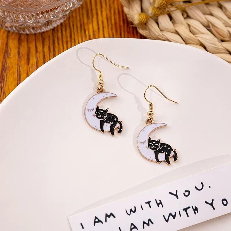 Black Cat Earrings: Halloween Goth Jewelry, Spooky Feline Gift