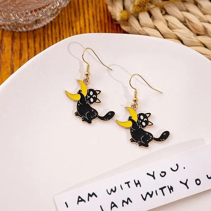 Black Cat Earrings: Halloween Goth Jewelry, Spooky Feline Gift