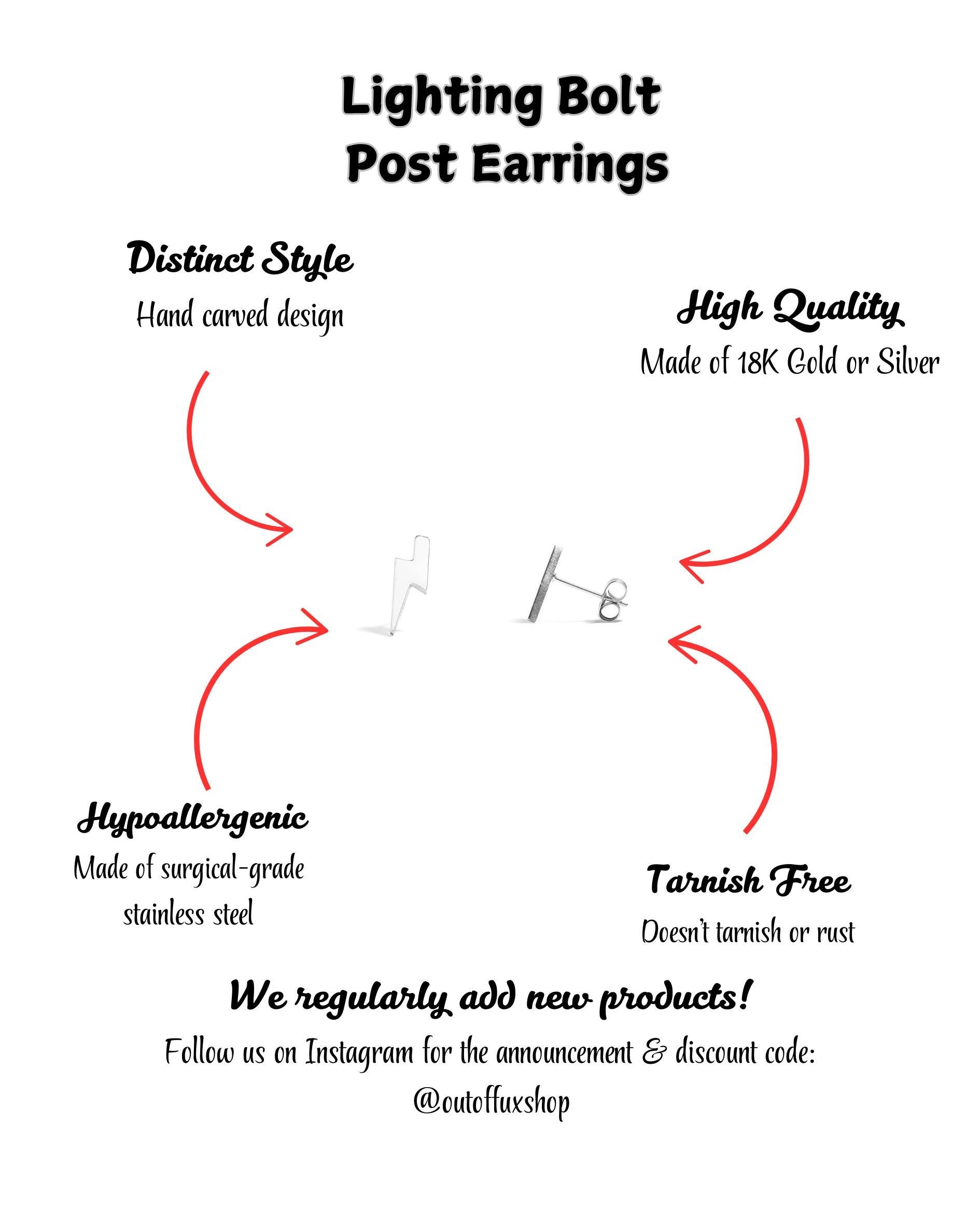 Gold or Silver Lightning Bolt Stud Earrings: Hypoallergenic Everyday Jewelry for Biker Women