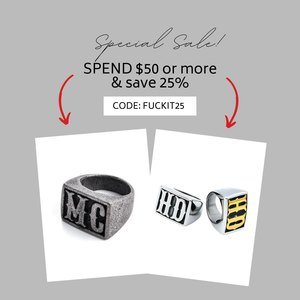 HD or MC Stainless Steel Biker Ring in Gold or Silver Finish