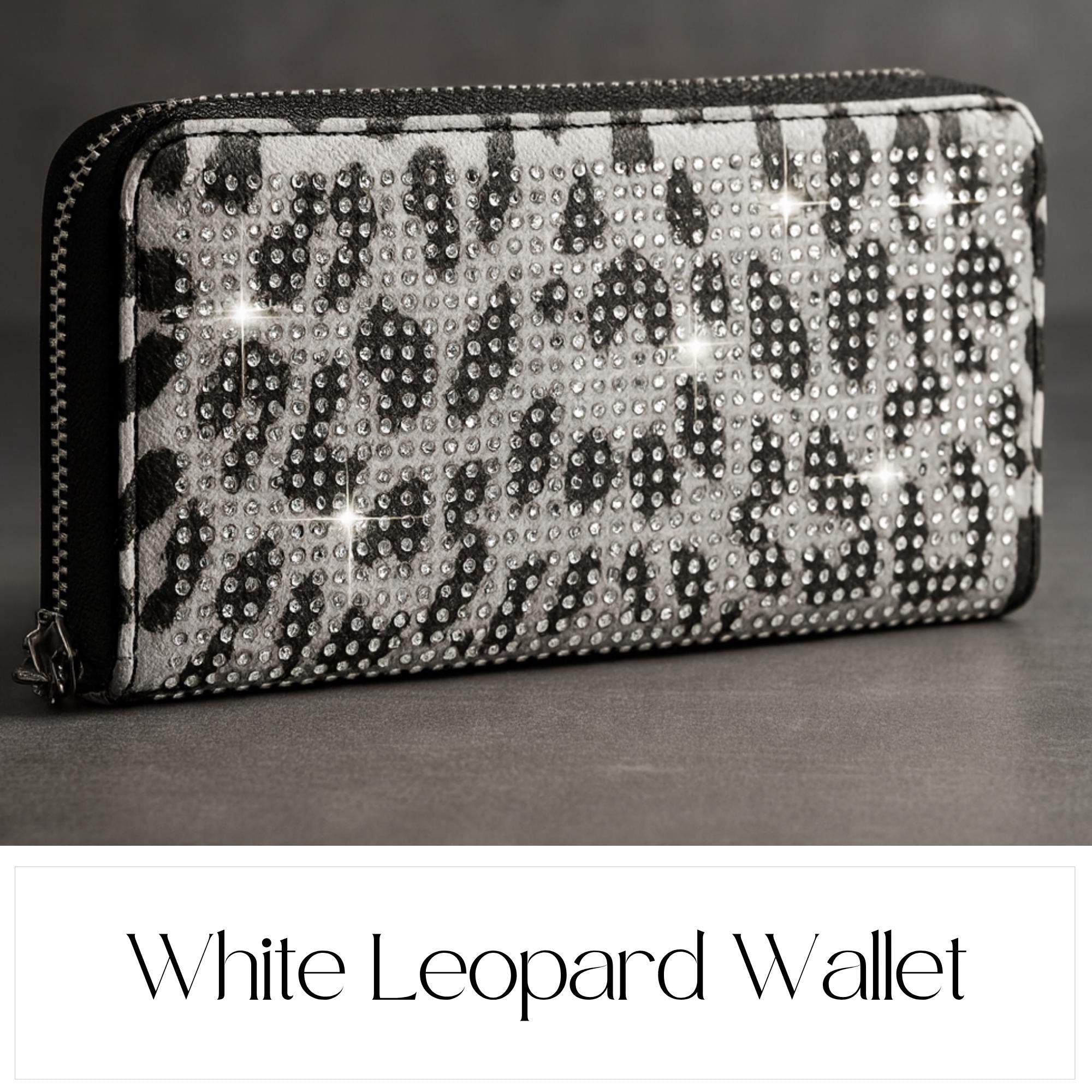 Glam White Leopard Accordion-Style Wallet: Rhinestone Zip Around Faux Leather Design