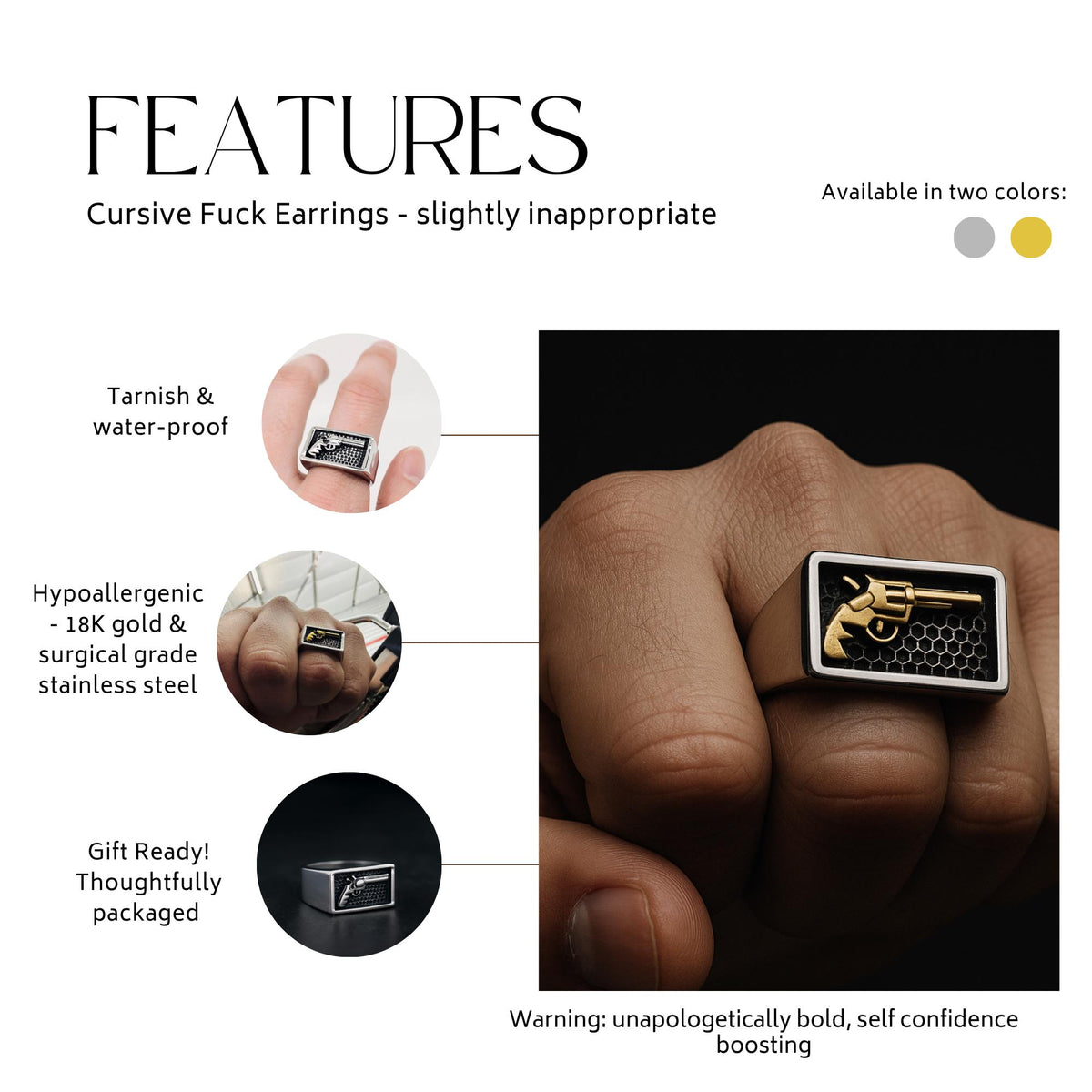 Men’s Biker Revolver Ring: Stainless Steel Gold or Silver Gun Design