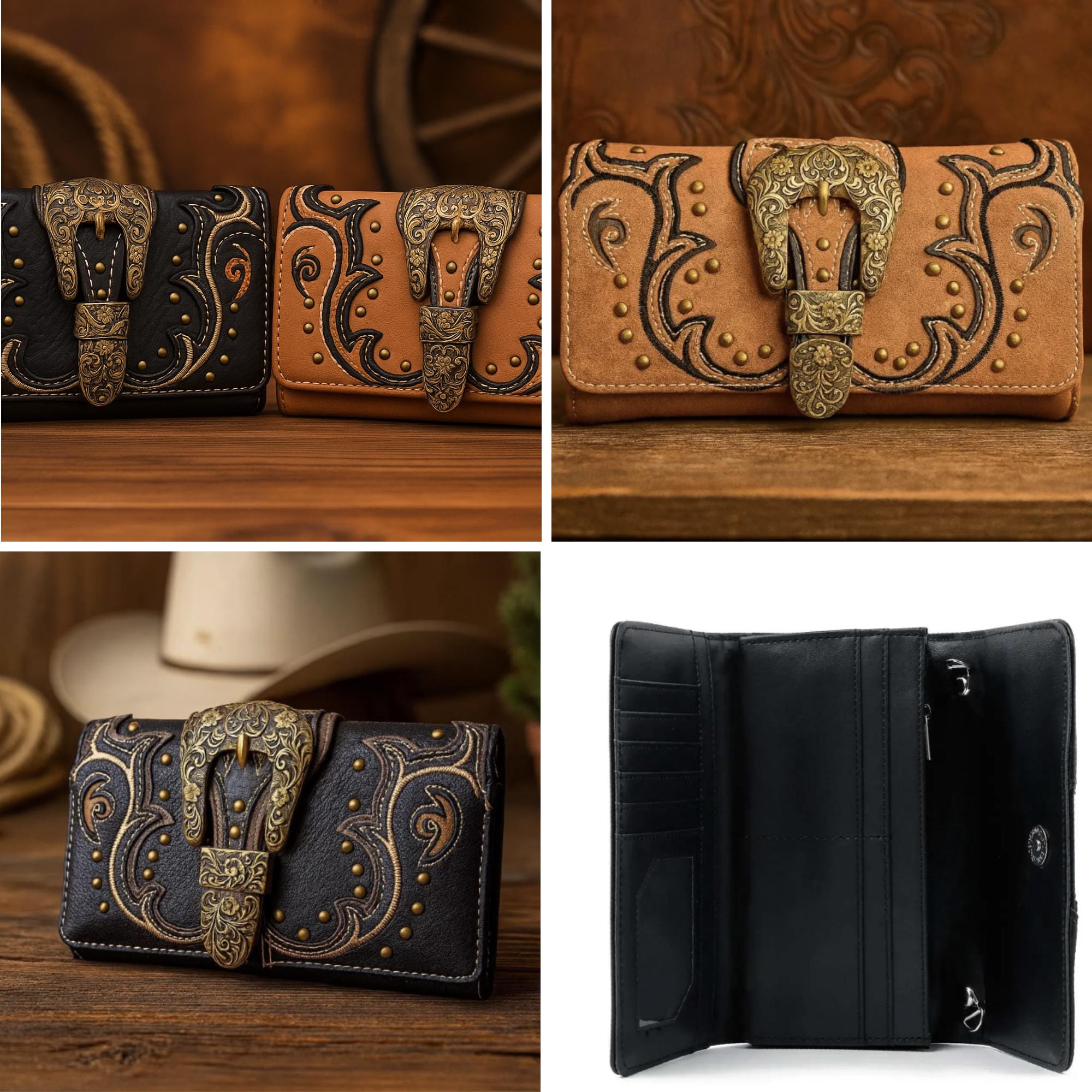 Tooled Leather Buckle Crossbody Wallet: Western Trifold Purse for Phone and Cards