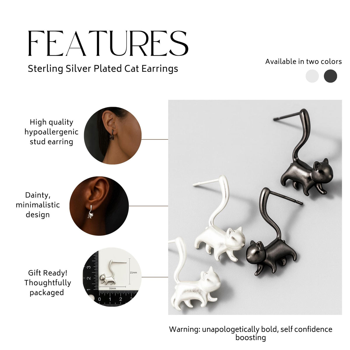 Silver Cat Stud Earrings: Wrap Tail Design in Gunmetal or Silver Finish