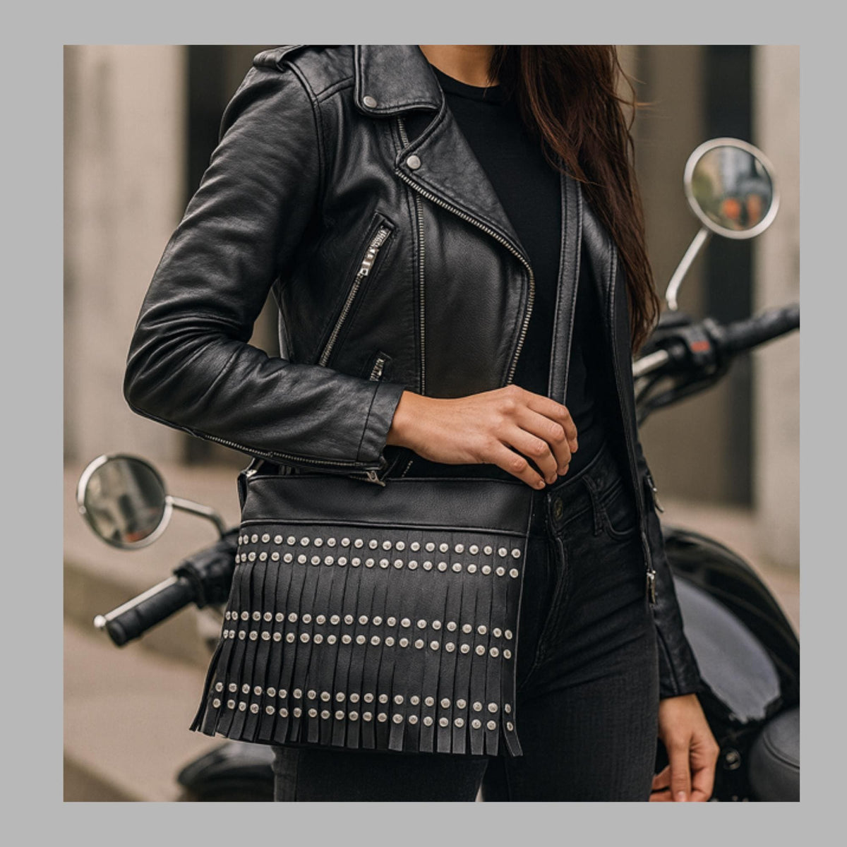 Black Leather Fringe Crossbody: Studded Rocker Boho Statement Bag