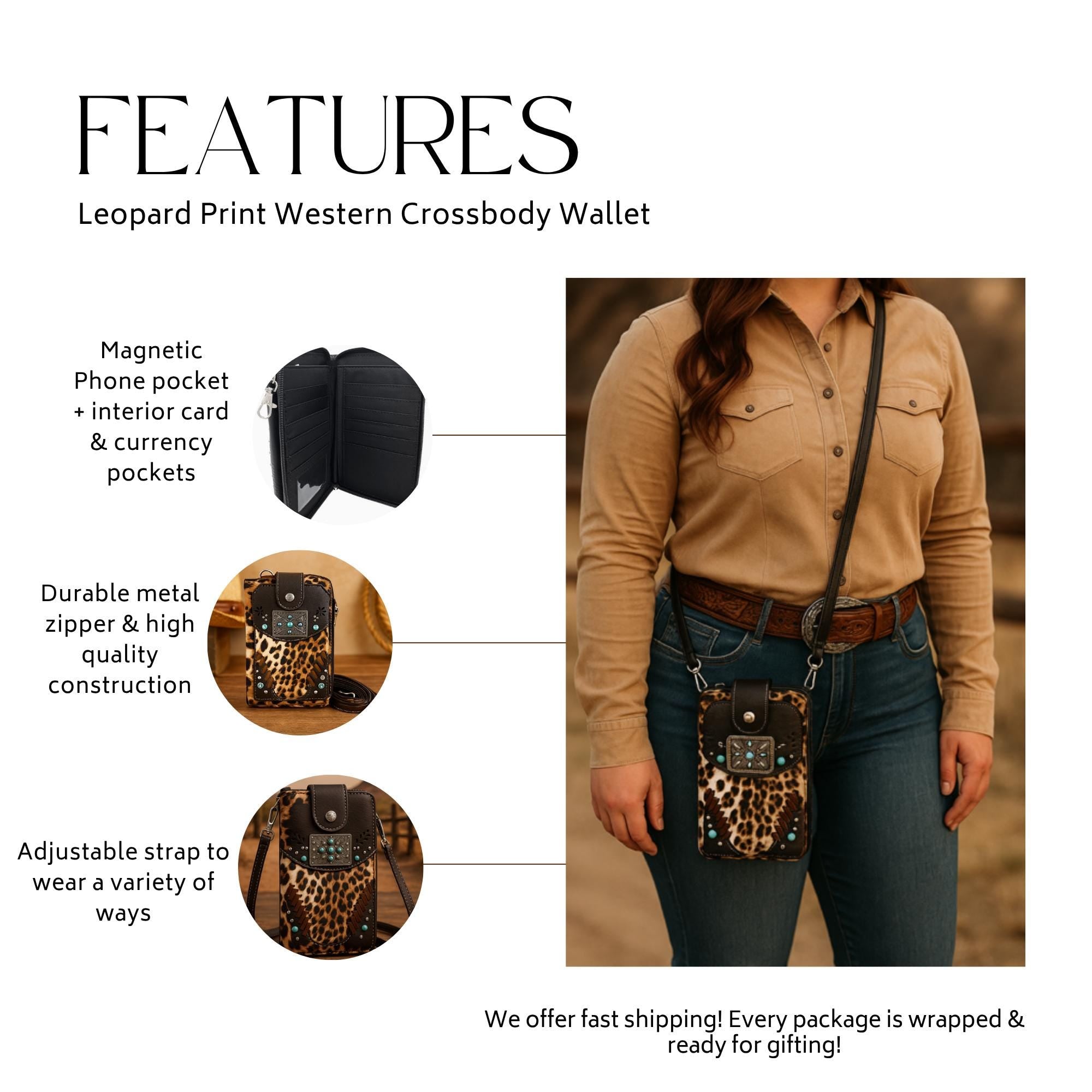 Leopard Print Crossbody Wallet: Turquoise Accent Western Wristlet for Women