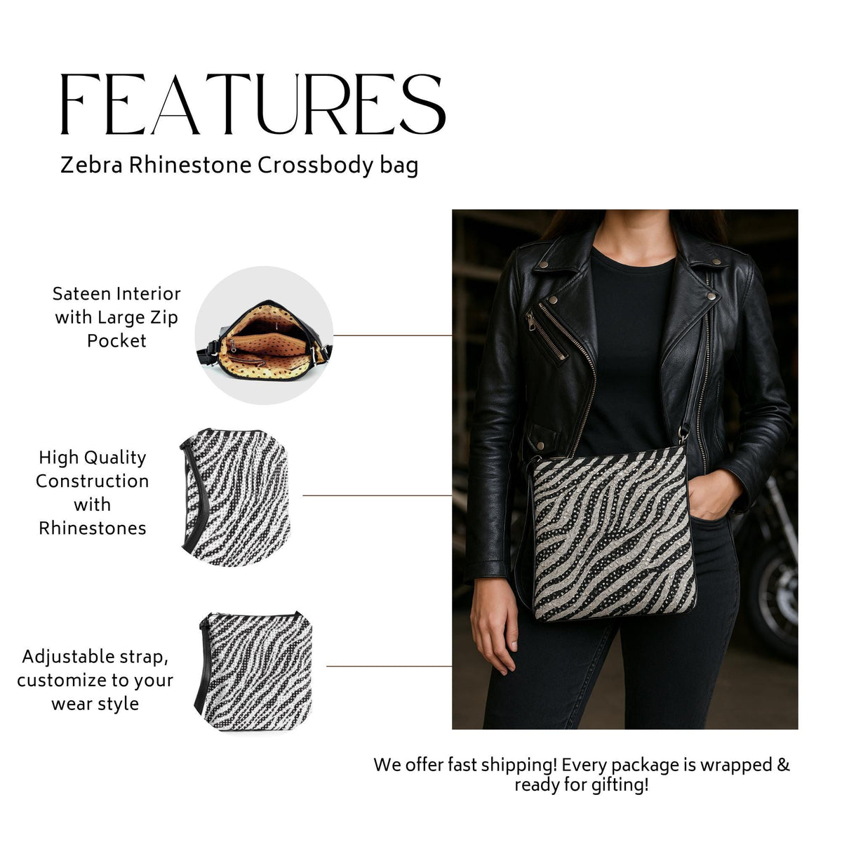 Rhinestone Zebra Crossbody: Faux Leather Chain Purse for Women