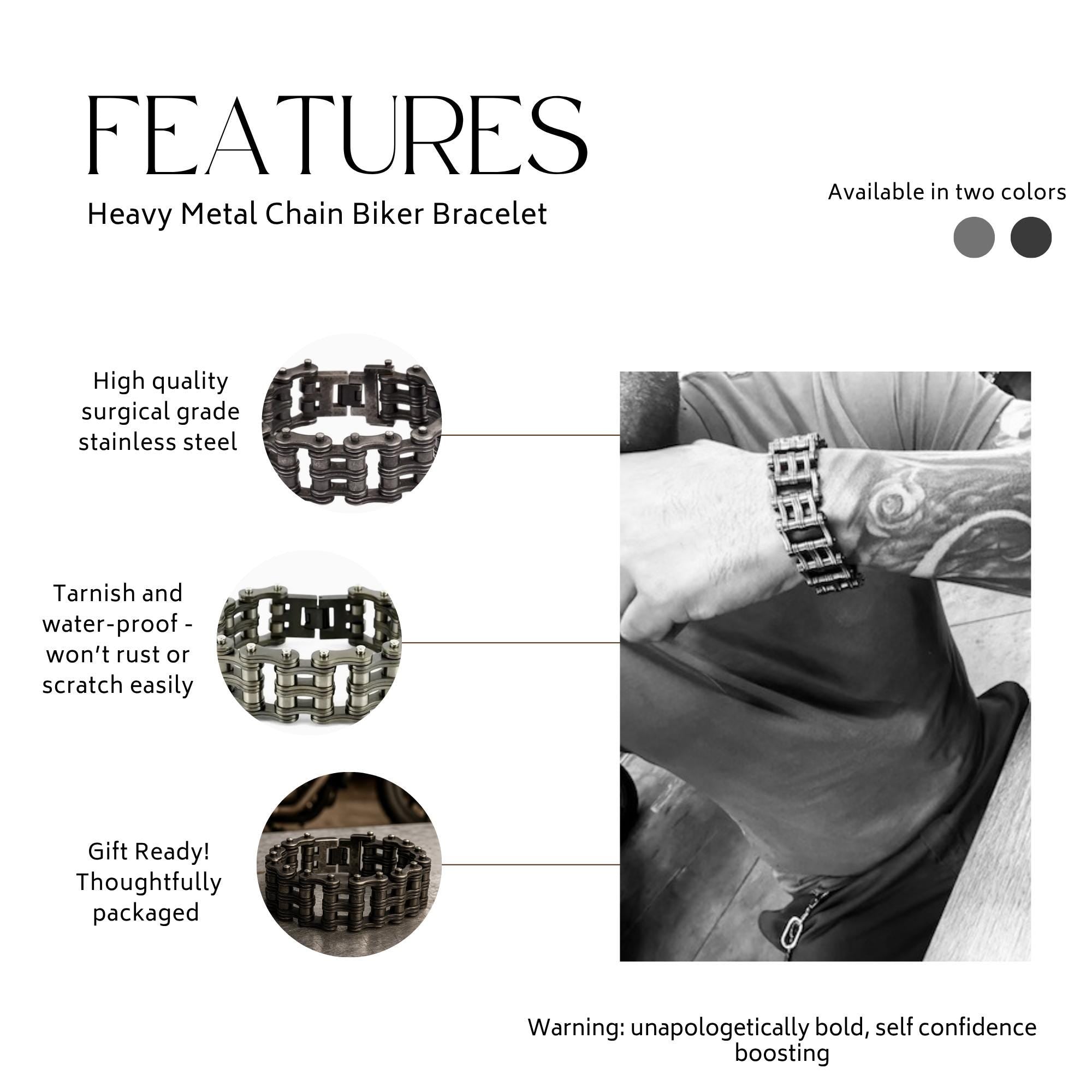 Heavy Gunmetal Biker Bracelet: Stainless Steel Chain Design for Men
