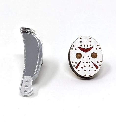 Slasher Mask Stud Earrings, Glass Horror Fan Jewelry, Mismatched Mask and Machete Studs, Stainless Steel Goth Accessory