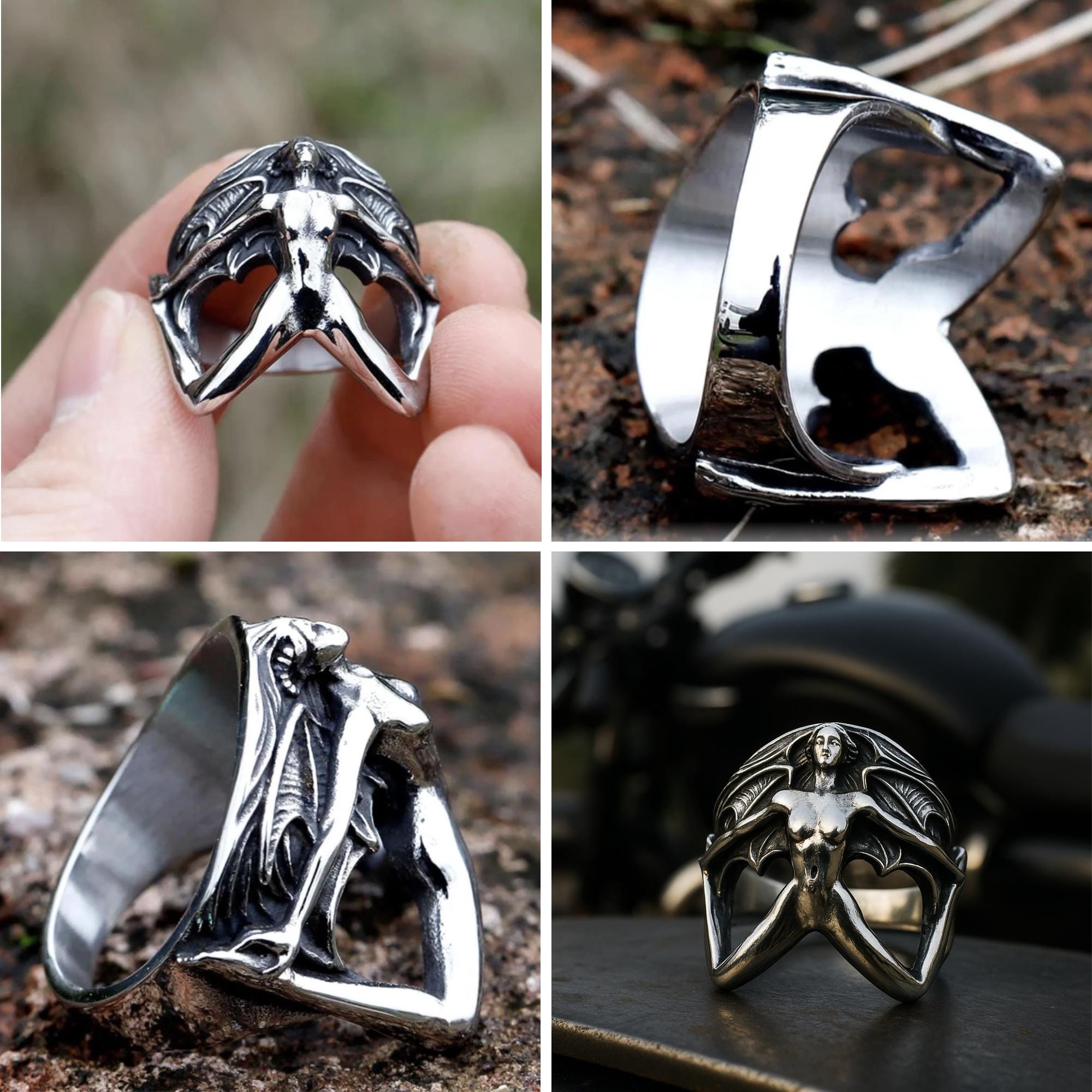 Winged Woman Stainless Steel Ring: Gothic Biker Jewelry for Men