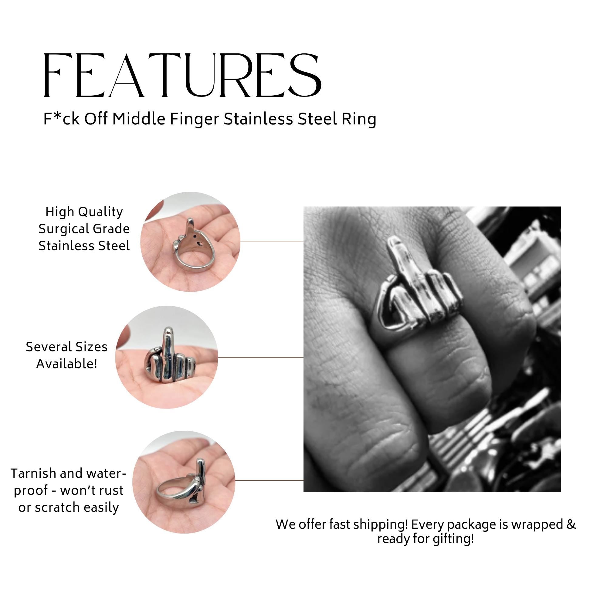 Fuck Off Middle Finger 316L Stainless Steel Statement Ring, Unisex Biker Ring, Alternative Gothic Jewelry, Rude Funny Gift