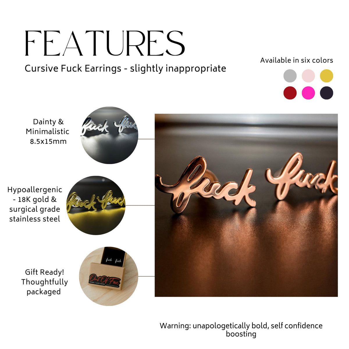 Rose gold cursive Fuck stud earrings with hypoallergenic stainless steel posts