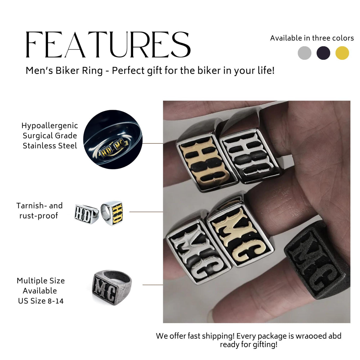 HD or MC Stainless Steel Biker Ring in Gold or Silver Finish