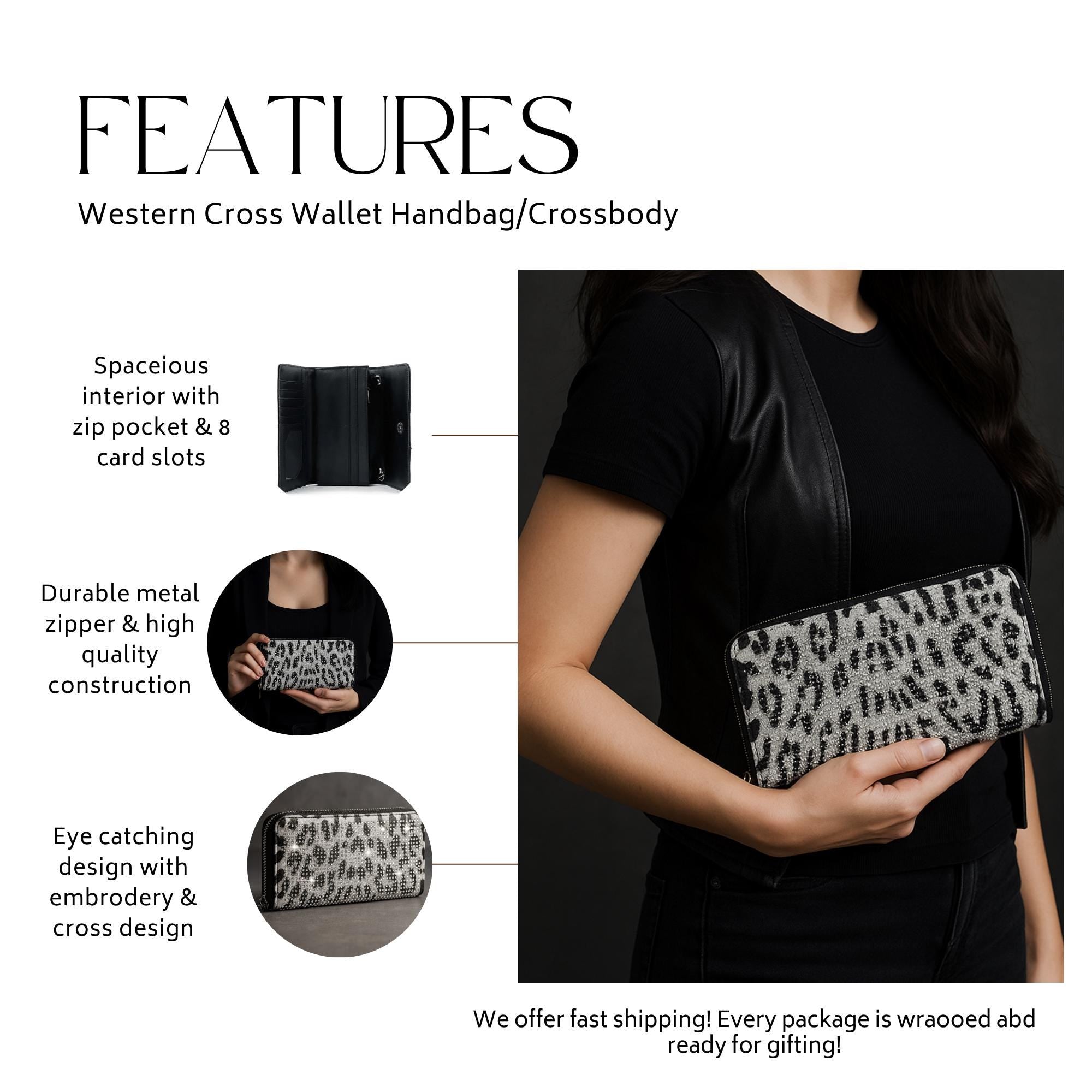 Glam White Leopard Accordion-Style Wallet: Rhinestone Zip Around Faux Leather Design