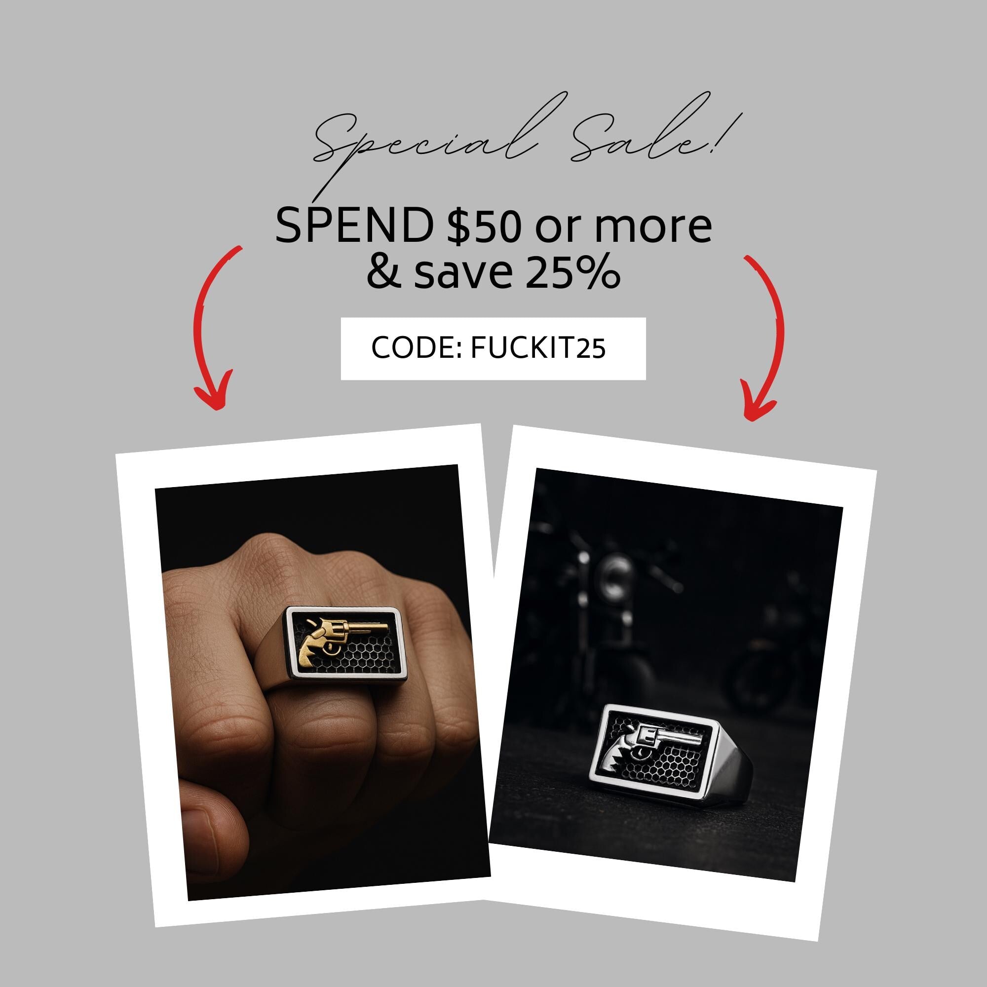Men’s Biker Revolver Ring: Stainless Steel Gold or Silver Gun Design