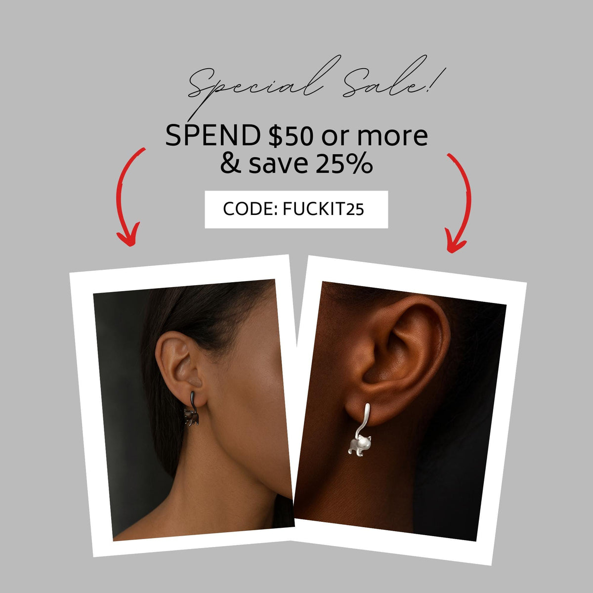 Silver Cat Stud Earrings: Wrap Tail Design in Gunmetal or Silver Finish