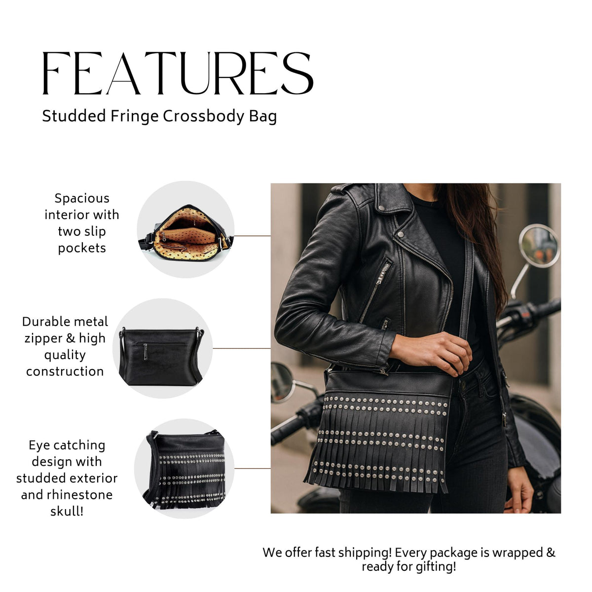 Black Leather Fringe Crossbody: Studded Rocker Boho Statement Bag