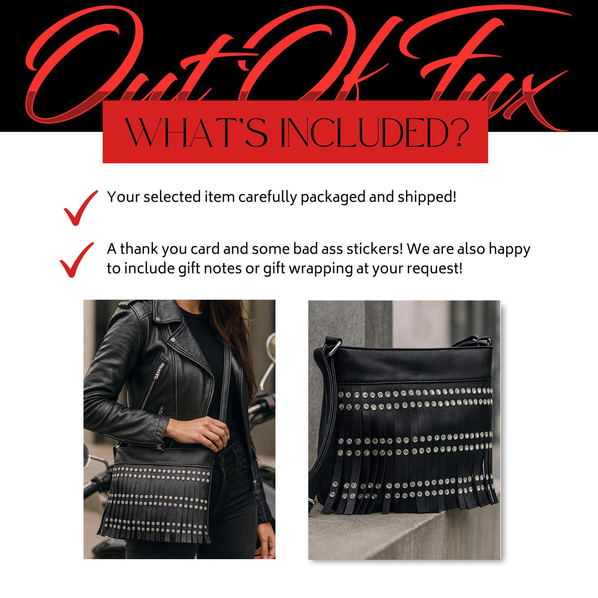 Black Leather Fringe Crossbody: Studded Rocker Boho Statement Bag