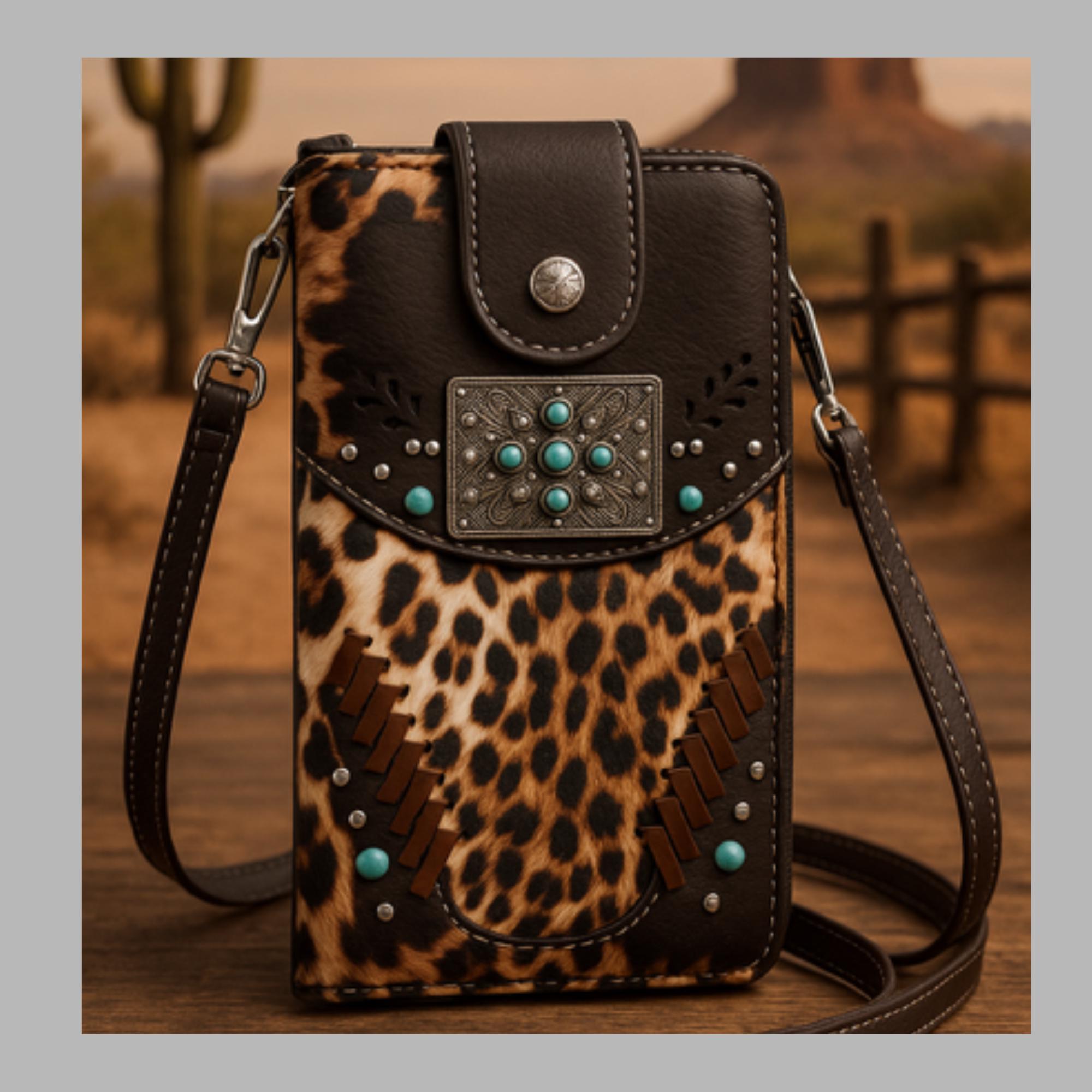 Leopard Print Crossbody Wallet: Turquoise Accent Western Wristlet for Women