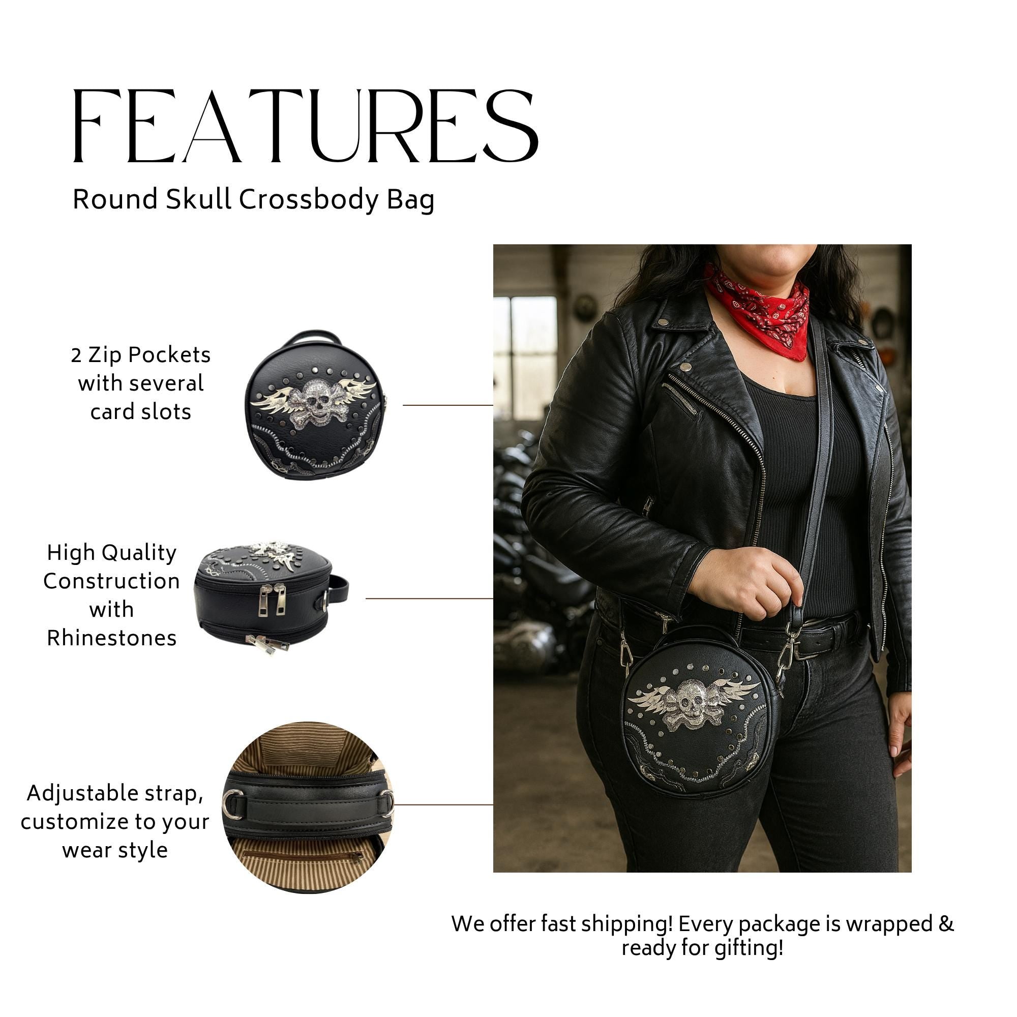 Gothic Skull Crossbody Purse with Rhinestones and Studded Detail