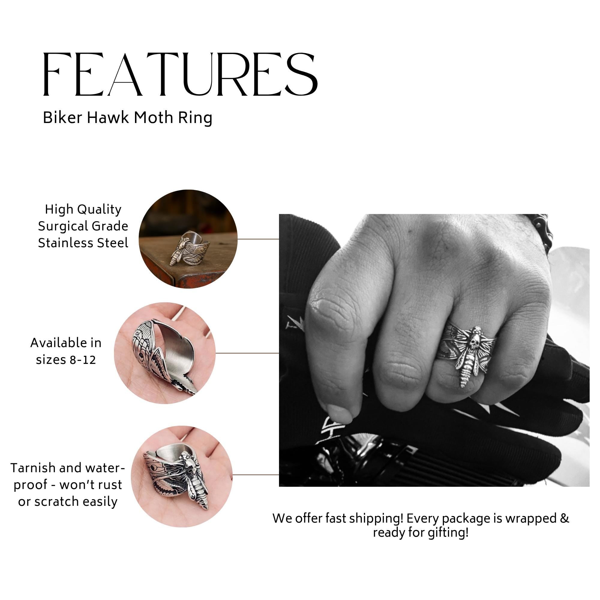 Biker Hawk Moth Skull Ring: Stainless Steel Gothic Motorcycle Accessory