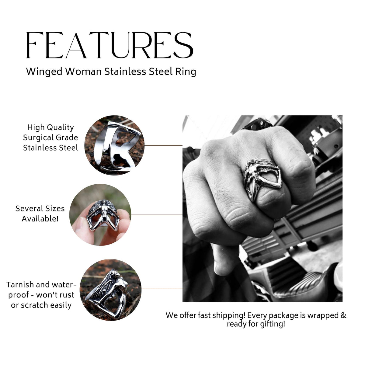 Winged Woman Stainless Steel Ring: Gothic Biker Jewelry for Men