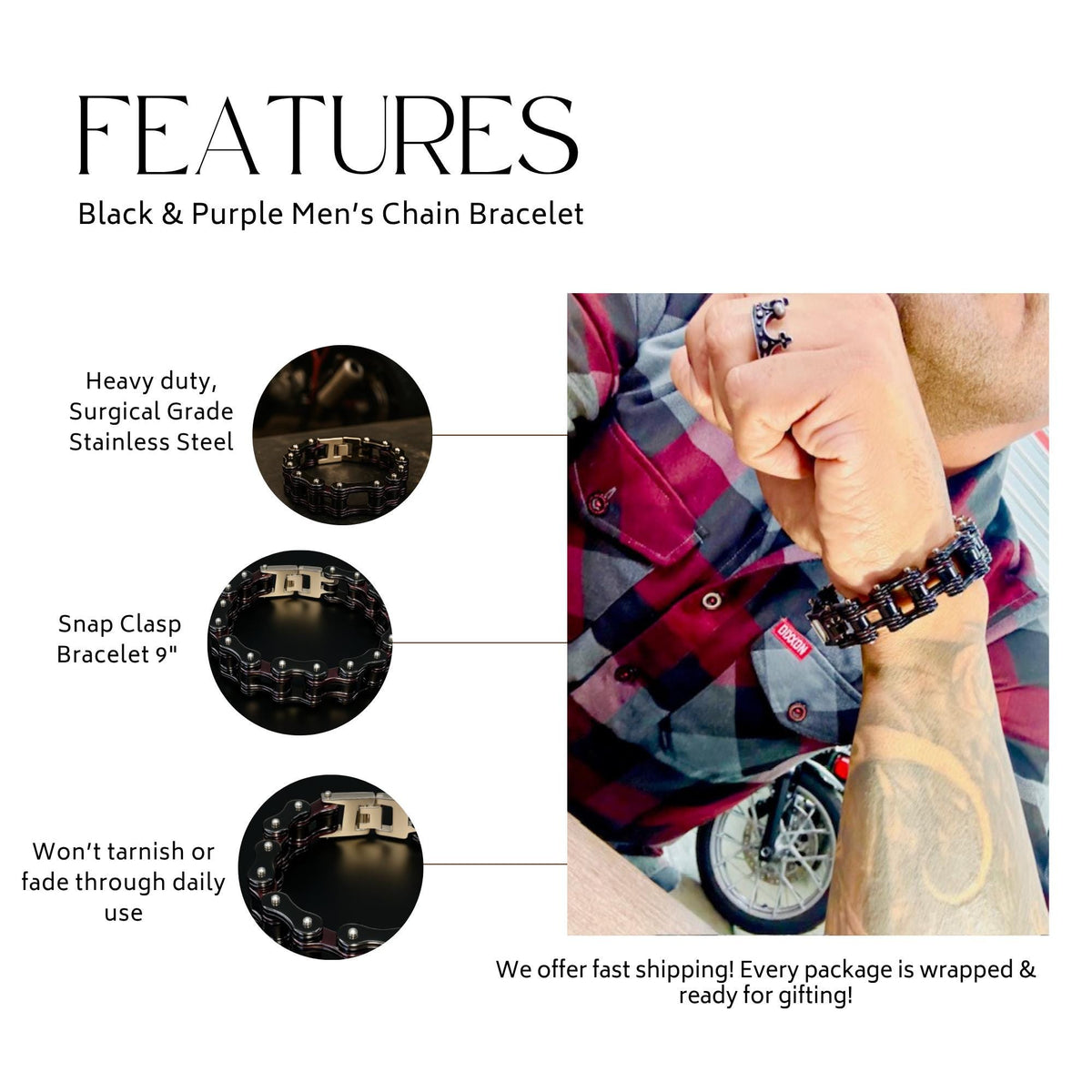 Black & Purple Biker Chain Bracelet: Heavy Steel Jewelry for Men