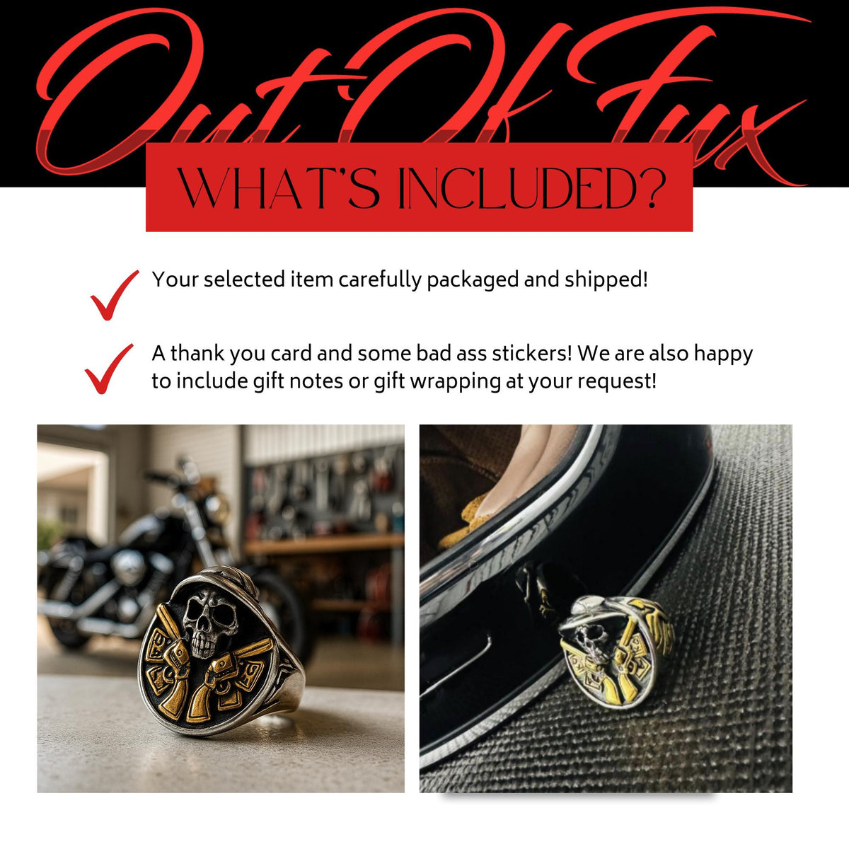 Stainless Steel Biker Skull Ring with 18K Gold Detail, Men’s Statement Ring