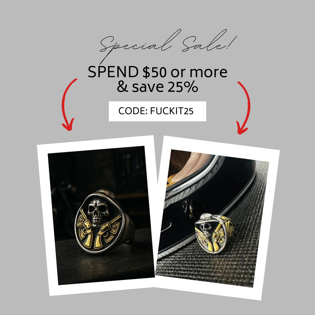 Stainless Steel Biker Skull Ring with 18K Gold Detail, Men’s Statement Ring