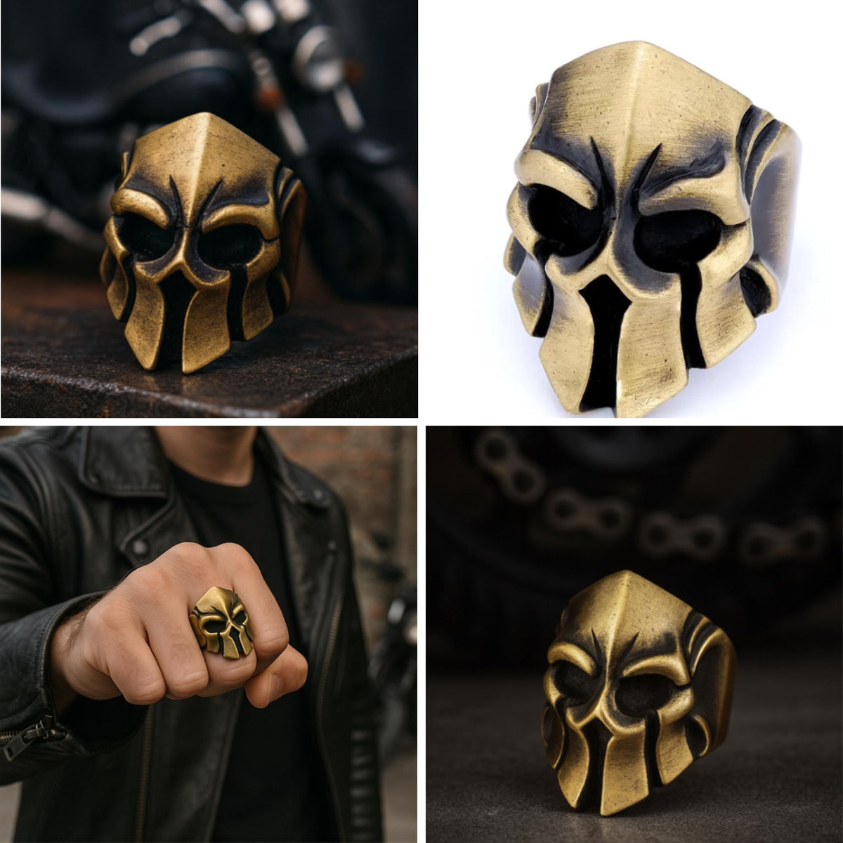 Stainless Steel Biker Skull Ring: Antique Brass Warrior Helmet Design