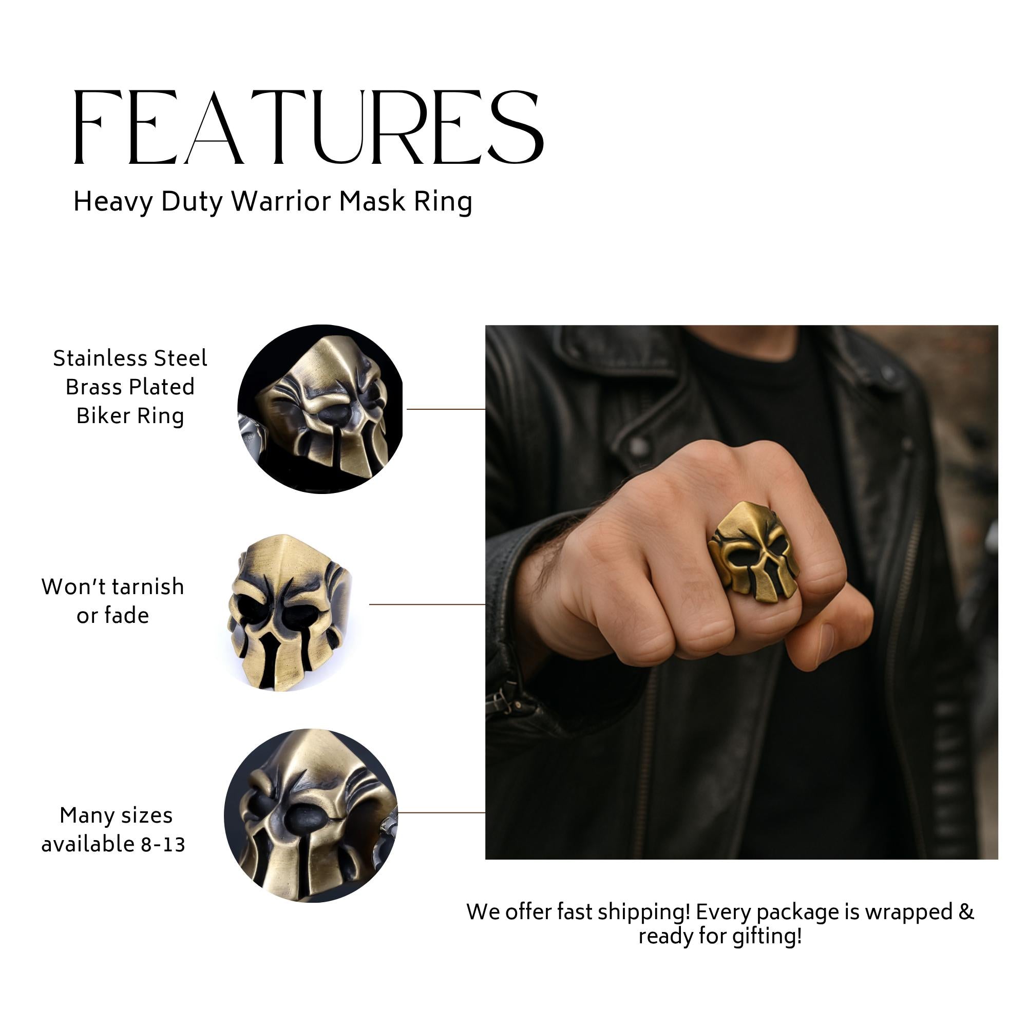 Stainless Steel Biker Skull Ring: Antique Brass Warrior Helmet Design