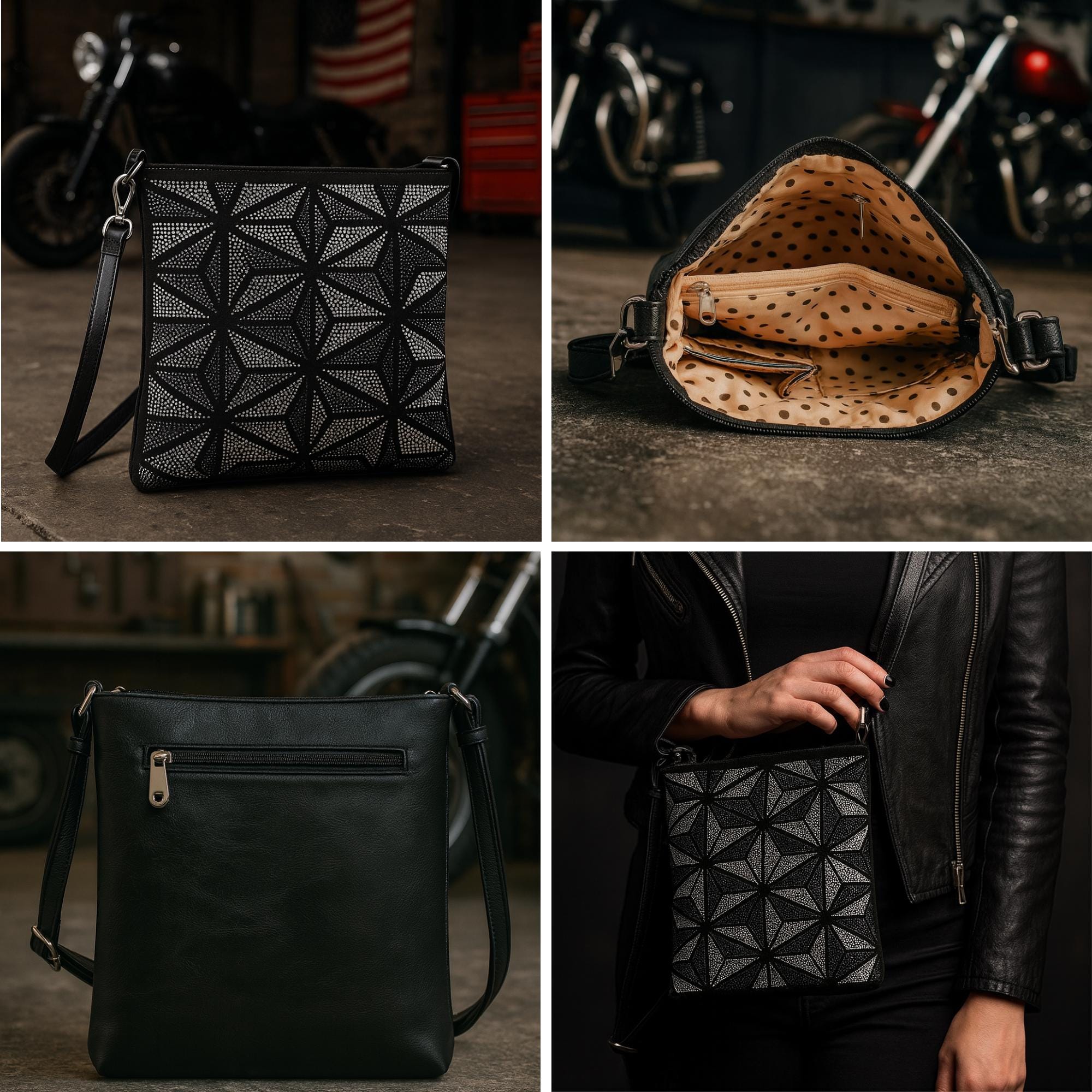 Geometric Rhinestone Crossbody Bag in Vegan Leather: Lightweight Glam Purse with Pockets