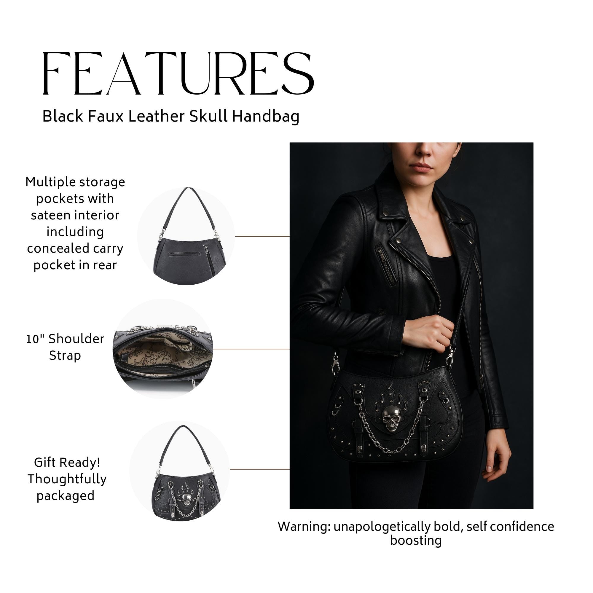 Black Faux Leather Skull Handbag: Studded Biker Style Shoulder Bag
