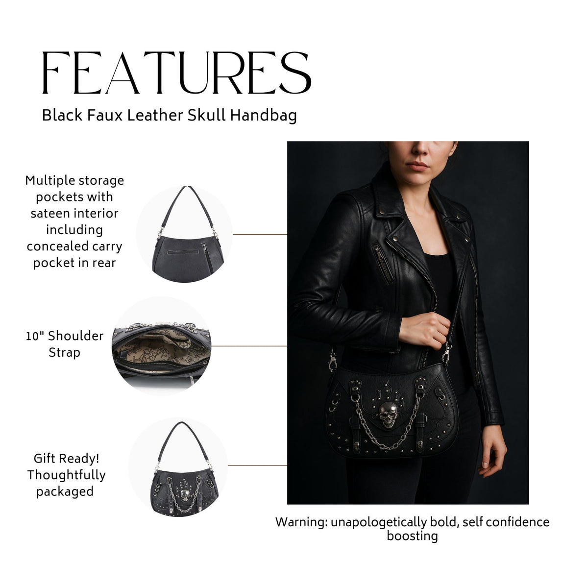 Black Faux Leather Skull Handbag: Studded Biker Style Shoulder Bag