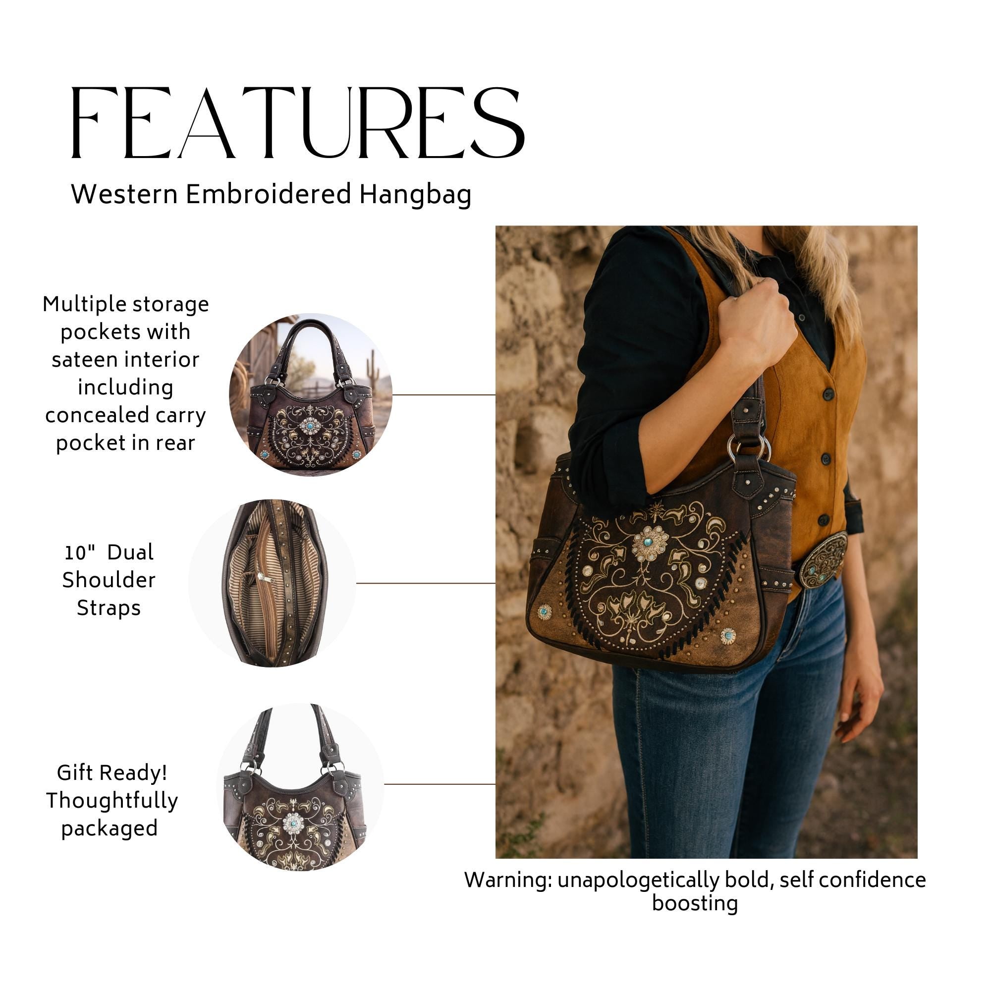 Western Embroidered Shoulder Bag with Turquoise Concho, Faux Leather Boho Purse for Everyday Use