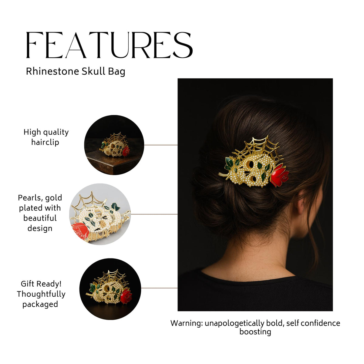 Gold Skull Hair Clip with Pearls, Gothic Statement Accessory for Edgy Alternative Style