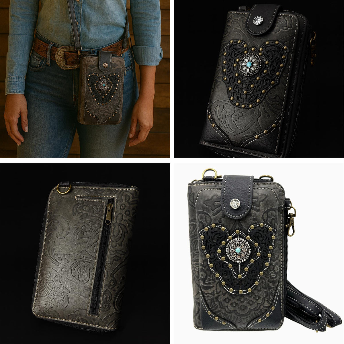 Tooled Black Leather Crossbody Bag: Western Style, Card Slots