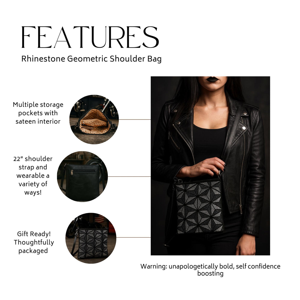 Geometric Rhinestone Crossbody Bag in Vegan Leather: Lightweight Glam Purse with Pockets