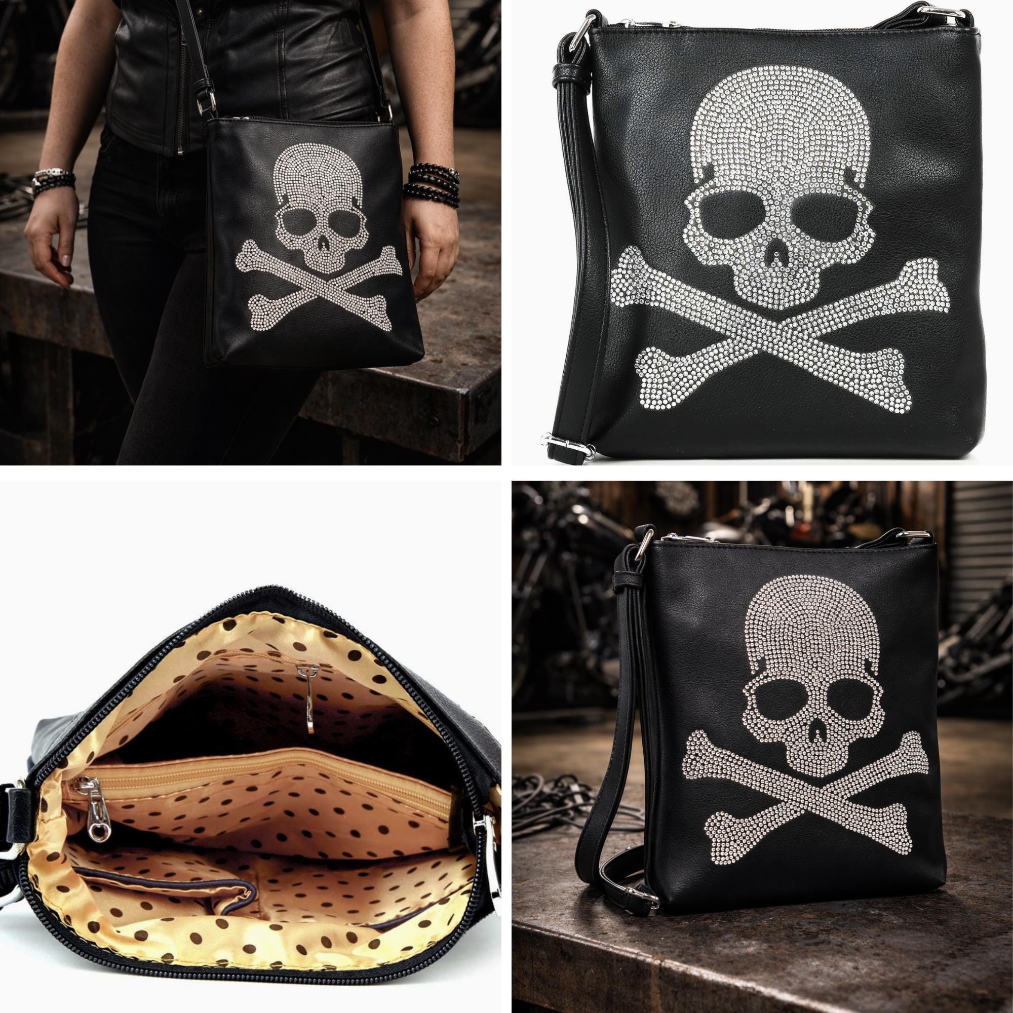 Rhinestone Skull Crossbody Bag, Edgy Black Faux Leather Statement Purse for Concerts and Night Out Looks